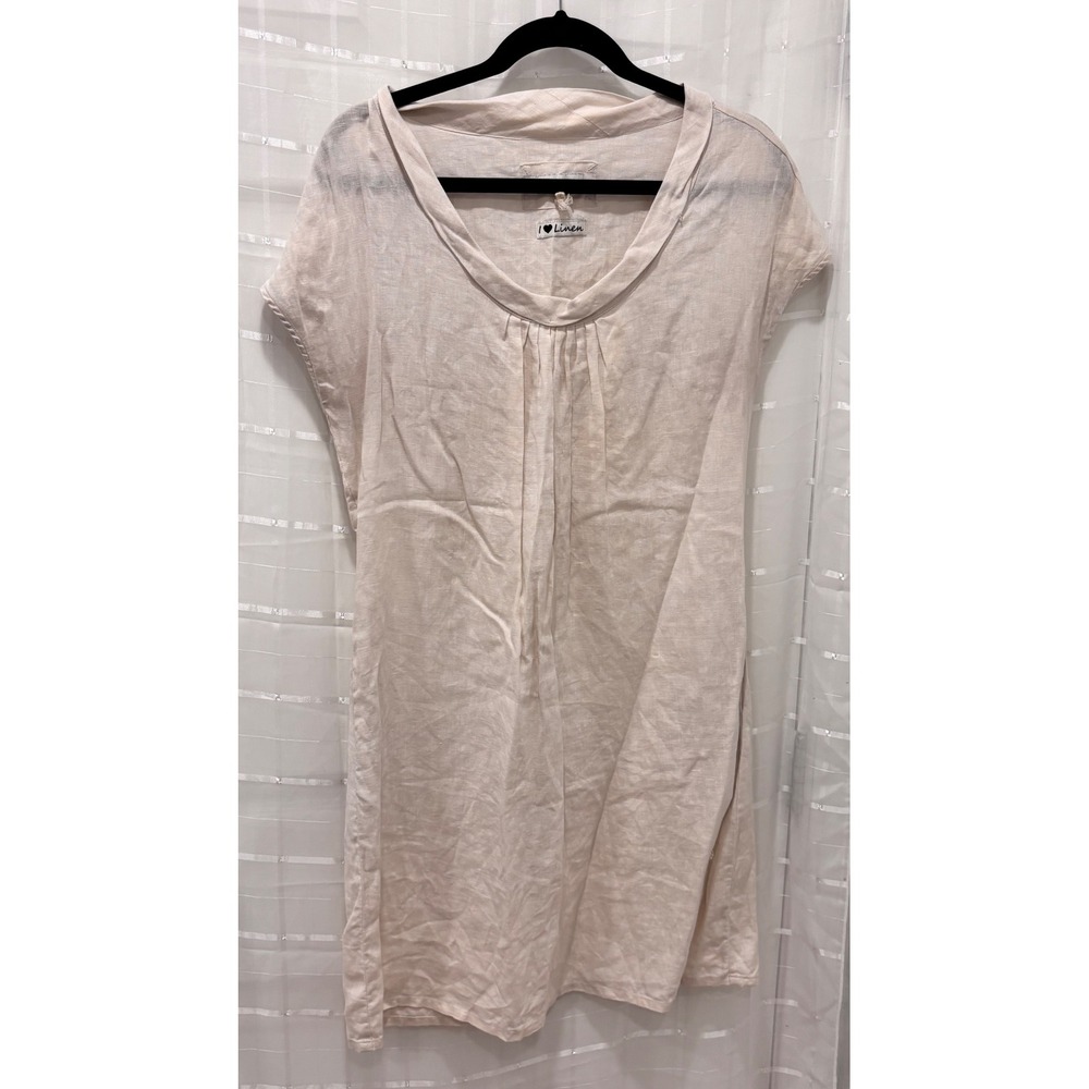 Malvin Hamburg Germany 100% Linen Pleated Scoop Neck Shift Dress Beige Pockets